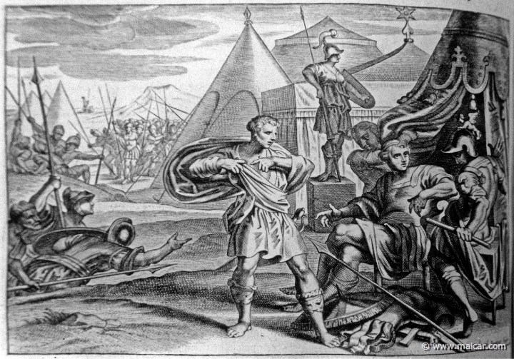 2814.jpg - 2814: Odysseus and Ajax disputing Achilles’ arms. Les METAMORPHOSES D’OVIDE EN LATIN ET FRANÇOIS, DIVISÉES EN XV LIVRES. TRADUCTION DE Mr. PIERRE DU-RYER PARISIEN, DE L’ACADEMIE FRANÇOISE. MDCLXXVII.