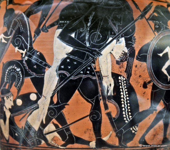 8234detail.jpg - 8234 (detail): Achilles carries Penthesilea. Black-figured hydria (water-jar). Athens c. 510-500 BC. British Museum, London.
