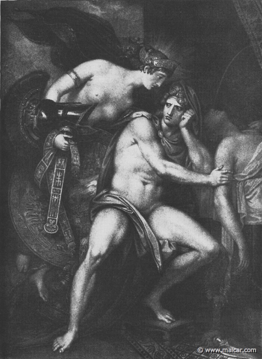 print001.jpg - print001: Thetis brings the new armour to Achilles who is mourning his friend Patroclus. Benjamin West, 1738-1820, artist. William Bond, Engraver.