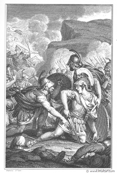 villenave02143.jpg - villenave02143: Paris shoots Achilles. "So then, Achilles, thou conqueror of the mightiest, thou art thyself overcome by the cowardly ravisher of a Grecian's wife." (Ov. Met. 12.608). Guillaume T. de Villenave, Les Métamorphoses d'Ovide (Paris, Didot 1806–07). Engravings after originals by Jean-Jacques François Le Barbier (1739–1826), Nicolas André Monsiau (1754–1837), and Jean-Michel Moreau (1741–1814).