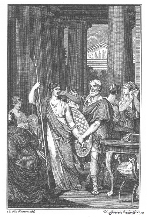 villenave02153.jpg - villenave02153: Odysseus detects Achilles in the court of Lycomedes. "And I laid my hand on him and sent the brave fellow forth to do brave things." (Ov. Met. 13.170). Guillaume T. de Villenave, Les Métamorphoses d'Ovide (Paris, Didot 1806–07). Engravings after originals by Jean-Jacques François Le Barbier (1739–1826), Nicolas André Monsiau (1754–1837), and Jean-Michel Moreau (1741–1814).
