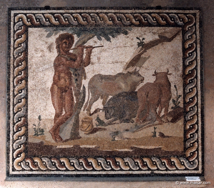 6603.jpg - 6603: Mosaic representing pastoral scene. Version of a painting by Pausias. Archaeological Museum, Corinth.