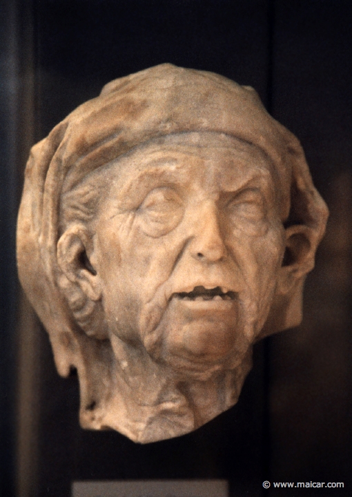 8409.jpg - 8409: Marble head of an old woman from a free-standing statue or a relief. Roman copy (Hellenistic original 3rd or 2nd century BC). British Museum, London.