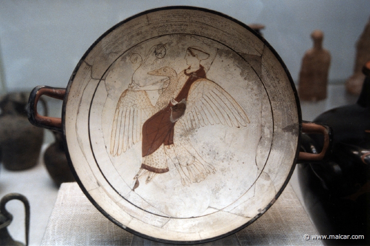 8131.jpg - 8131: White-ground kylix (drinking-cup) with Aphrodite riding on a goose. Athens about 460 BC. British Museum, London.
