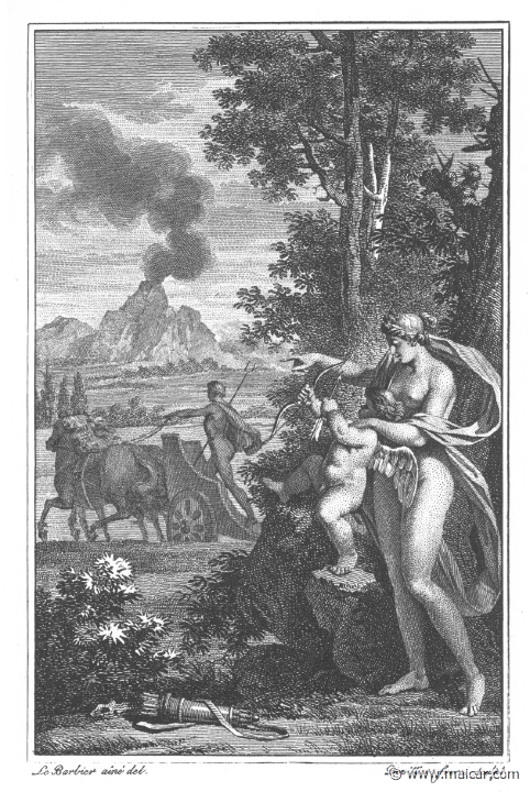 villenave01169.jpg - 01169: Hades wounded by Love. "So Venus spoke. The god of love loosed his quiver at his mother's bidding ... Then he bent the pliant bow across his knee and with his barbed arrow smote Dis through the heart." (Ov. Met. 5.379).Guillaume T. de Villenave, Les Métamorphoses  d'Ovide (Paris, Didot 1806–07). Engravings after originals by Jean-Jacques François Le Barbier (1739–1826), Nicolas André Monsiau (1754–1837), and Jean-Michel Moreau (1741–1814).
