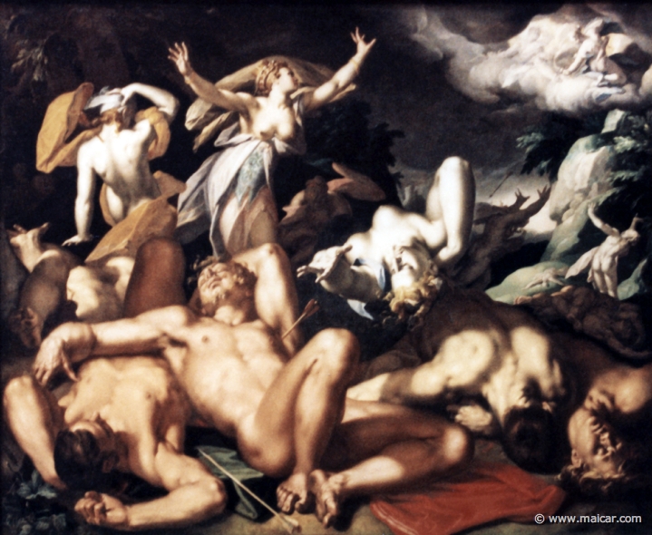 0511.jpg - 0511: Abraham Bloemaert 1566-1655: Apollo und Diana bestraffen Niobe in dem sie deren Kinder töten, 1591. Künsthistorische Museum, Wien.