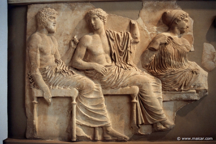 6420.jpg - 6420: From left to right: Poseidon, Apollo, Artemis. Frieze inside the Parthenon. Acropolis Museum, Athens.