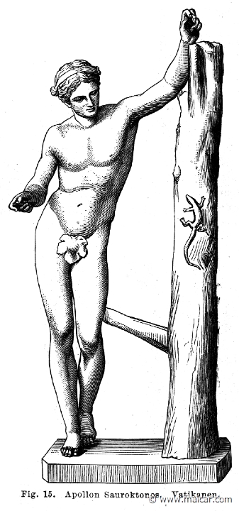 see035.jpg - see035: Apollo Sauroktonos or Lizard Slayer. Roman copy after a bronze by Praxiteles c. 350-330 BC. Vatican Museum.Otto Seemann, Grekernas och romarnes mytologi (1881).