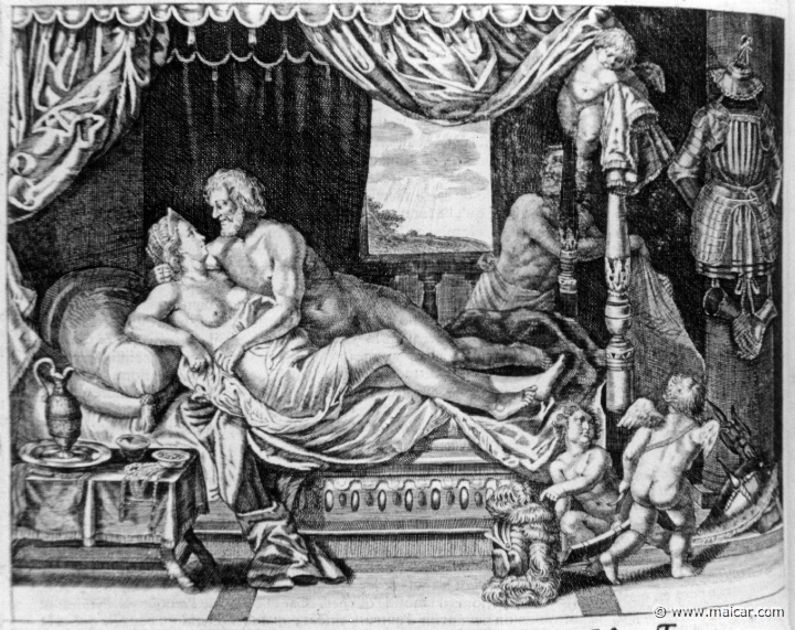 2631.jpg - 2631: Hephaestus surprises Aphrodite and Ares.Les METAMORPHOSES D’OVIDE EN LATIN ET FRANÇOIS, DIVISÉES EN XV LIVRES. TRADUCTION DE Mr. PIERRE DU-RYER PARISIEN, DE L’ACADEMIE FRANÇOISE. MDCLXXVII.