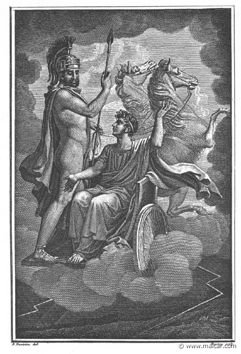 villenave02225.jpg - 02225: Ares and Romulus. "There, as Ilia's son was giving kingly judgment to his citizens, Gradivus caught him up from earth." (Ov. Met. 14.823).Guillaume T. de Villenave, Les Métamorphoses  d'Ovide (Paris, Didot 1806–07). Engravings after originals by Jean-Jacques François Le Barbier (1739–1826), Nicolas André Monsiau (1754–1837), and Jean-Michel Moreau (1741–1814).