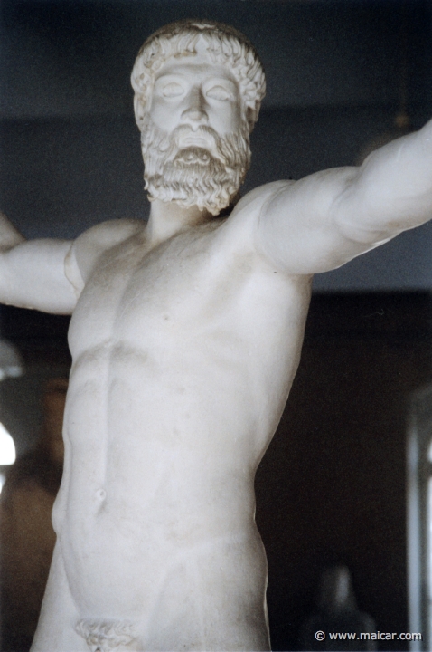 1408.jpg - 1408: Greek (Peloponnese) Poseidon of Cape Artemision (Euboea): detail - head and shoulders - ca. 460-450 B.C. bronze. Antikmuseet, Lund.