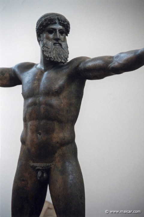 6324.jpg - 6324: Bronze statue of Poseidon. The god held a trident in his right hand. Found in the sea off Cape Artemision, Euboea, in 1928. Original work of an important early classical sculptor (Calamis?). About 460 BC. National Archaeological Museum, Athens.