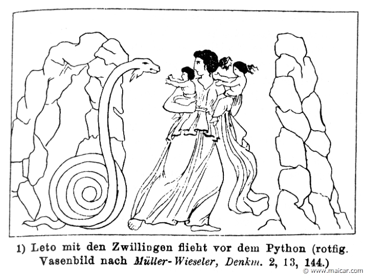 RII.2-1973.jpg - RII.2-1973: Leto and her children escape from Python.Wilhelm Heinrich Roscher (Göttingen, 1845- Dresden, 1923), Ausfürliches Lexikon der griechisches und römisches Mythologie, 1884.