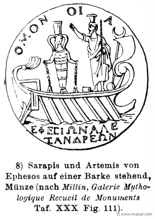 RIV-0376.jpg - RIV-0376: Coin with Artemis and Serapis standing in a ship.Wilhelm Heinrich Roscher (Göttingen, 1845- Dresden, 1923), Ausfürliches Lexikon der griechisches und römisches Mythologie, 1884.
