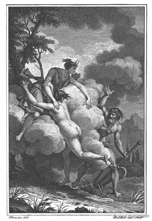 villenave01177.jpg - 01177: Artemis, Arethusa, and Alpheus. "The river-god circled around me, wrapped in the darkness, and at fault quested about the hollow mist." (Ov. Met. 5.622).Guillaume T. de Villenave, Les Métamorphoses  d'Ovide (Paris, Didot 1806–07). Engravings after originals by Jean-Jacques François Le Barbier (1739–1826), Nicolas André Monsiau (1754–1837), and Jean-Michel Moreau (1741–1814).