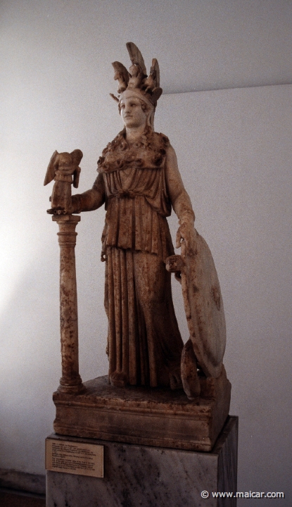 6313.jpg - 6313: The Varvakeion Athena, copy of the 2nd or 3rd century AD of the gold and ivory (chryselephantine) original cult statue of Athena Parthenos by Pheidias, which was placed in the Parthenon in 447 BC (at 1/12 the original size). Found in Athens. National Archaeological Museum, Athens.