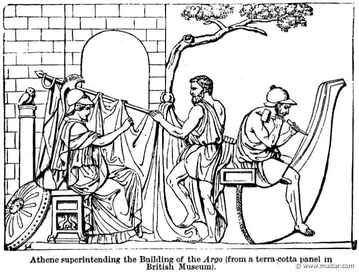 smi068.jpg - smi068: Terracotta relief. Athena supervises the building of the ship Argo, c. 1st century AD. The yard is held by the helmsman Tiphys, Argos sits across the stern..Sir William Smith, A Smaller Classical Dictionary of Biography, Mythology, and Geography (1898).