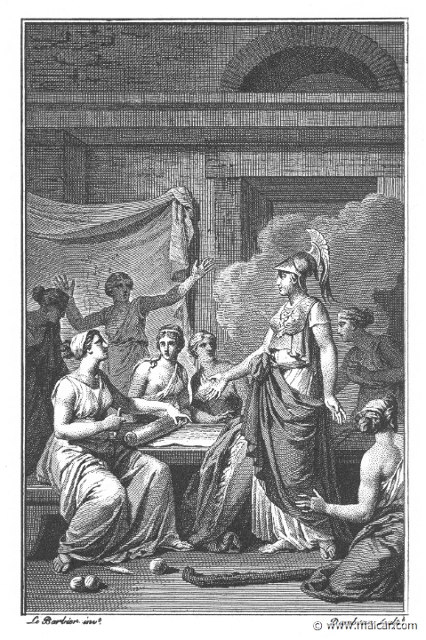 villenave01185.jpg - 01185: Athena and Arachne. "Then the goddess exclaimed: 'She has come!' and throwing aside her old woman's disguise, she revealed Pallas." (Ov. Met. 6.43).Guillaume T. de Villenave, Les Métamorphoses  d'Ovide (Paris, Didot 1806–07). Engravings after originals by Jean-Jacques François Le Barbier (1739–1826), Nicolas André Monsiau (1754–1837), and Jean-Michel Moreau (1741–1814).