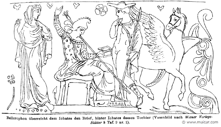 RII.1-0281.jpg - RII.1-0281: Bellerophon (with Pegasus) gives Iobates a letter. Iobates' daughter stands behind him. Wilhelm Heinrich Roscher (Göttingen, 1845- Dresden, 1923), Ausfürliches Lexikon der griechisches und römisches Mythologie, 1884.