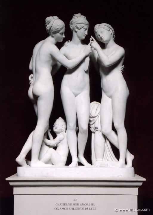 9119.jpg - 9119: Bertel Thorvaldsen 1770-1844: The Graces with Cupid’s Arrow, and Cupid Playing a Lyre, 1842. The Thorvaldsen Museum, Copenhagen.