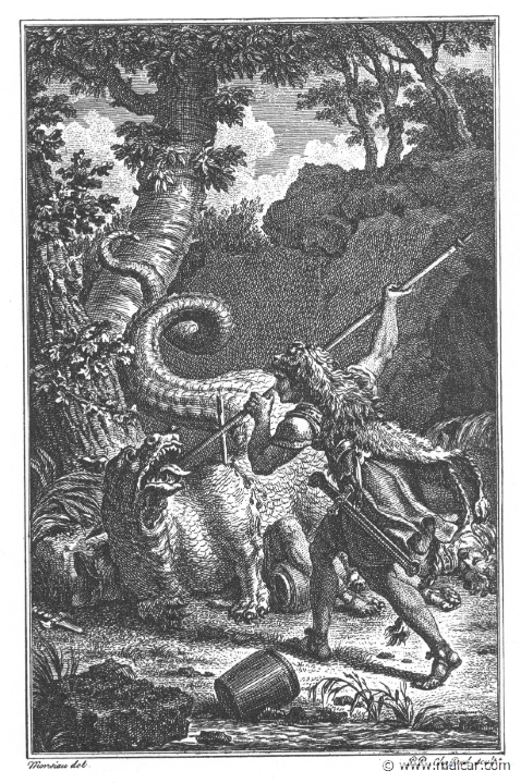 villenave01081.jpg - villenave01081: Cadmus killing the Dragon of Ares. "But Cadmus follows him up and presses the planted point into his throat; until at last an oak-tree stays his backward course and neck and tree are pierced together." (Ov. Met. 3.90). Guillaume T. de Villenave, Les Métamorphoses d'Ovide (Paris, Didot 1806–07). Engravings after originals by Jean-Jacques François Le Barbier (1739–1826), Nicolas André Monsiau (1754–1837), and Jean-Michel Moreau (1741–1814).