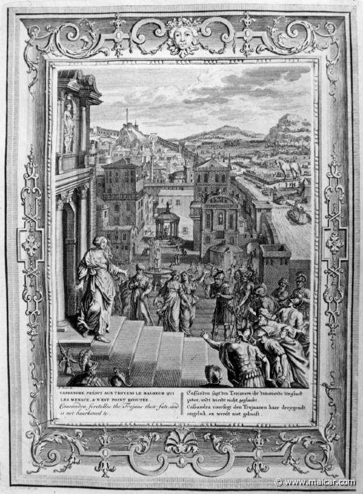 3119.jpg - 3119: Cassandra foretells the Trojans their fate, but they do not listen.Bernard Picart (1673-1733), Fabeln der Alten (Musen-Tempel), 1754.