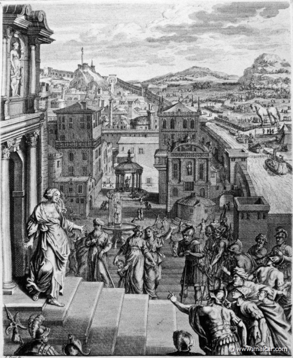 3119detail.jpg - 3119 (detail): Cassandra foretells the Trojans their fate, but they do not listen.Bernard Picart (1673-1733), Fabeln der Alten (Musen-Tempel), 1754.