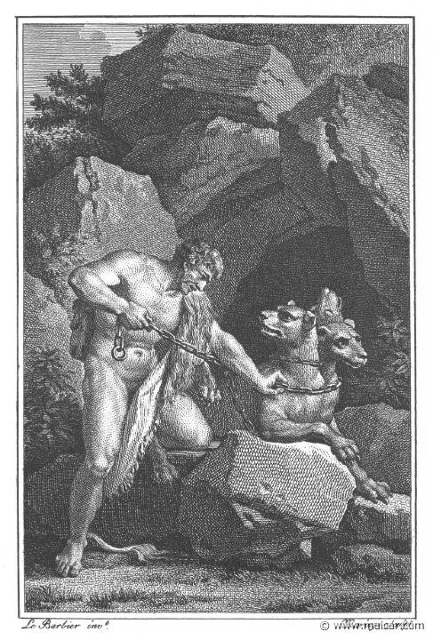 villenave01233.jpg - villenave01233: Heracles chaining Cerberus. "Hercules, the hero of Tiryns, dragged Cerberus with chains wrought of adamant, while the great dog fought and turned away his eyes from the bright light of day." (Ov. Met. 7.410). Guillaume T. de Villenave, Les Métamorphoses d'Ovide (Paris, Didot 1806–07). Engravings after originals by Jean-Jacques François Le Barbier (1739–1826), Nicolas André Monsiau (1754–1837), and Jean-Michel Moreau (1741–1814).