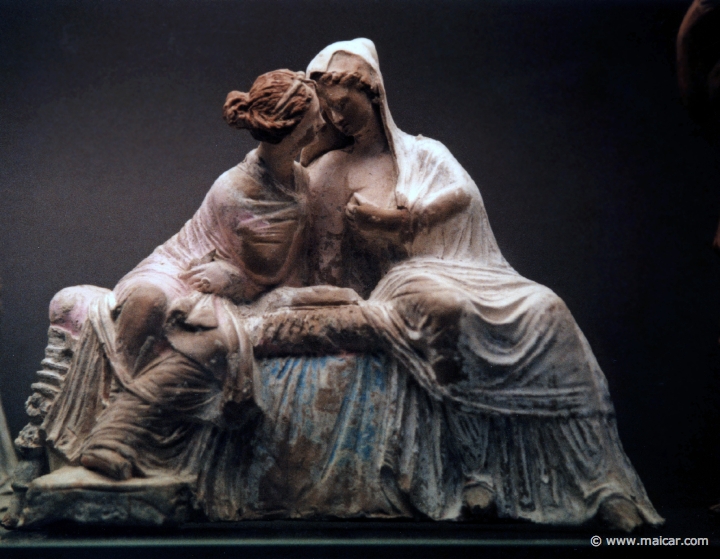 8408.jpg - 8408: Terracotta group of two seated women, perhaps Demeter and Persephone. Myrina c. 100 BC. British Museum, London.