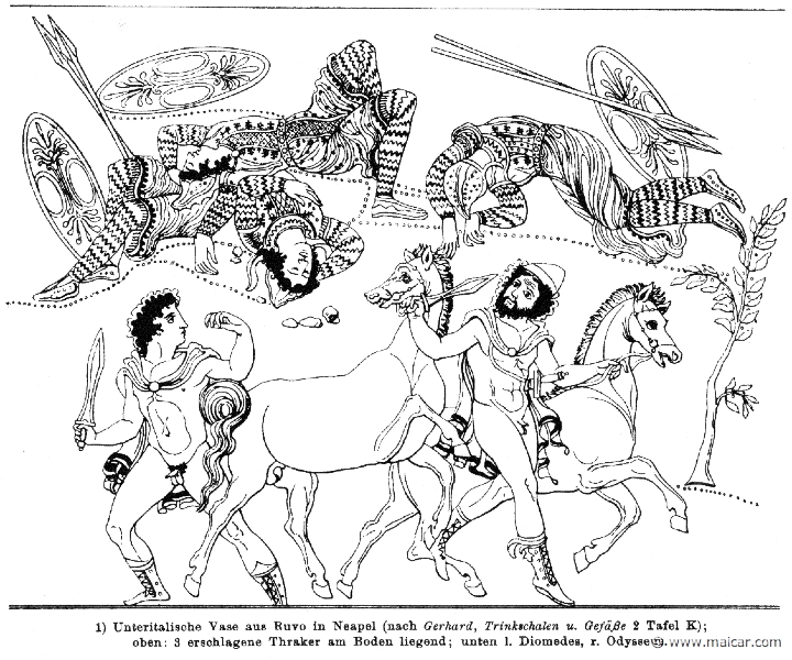 RIV-0103.jpg - RIV-0103: Three dead Thracians. Below, Diomedes (left) and Odysseus. Wilhelm Heinrich Roscher (Göttingen, 1845- Dresden, 1923), Ausfürliches Lexikon der griechisches und römisches Mythologie, 1884.