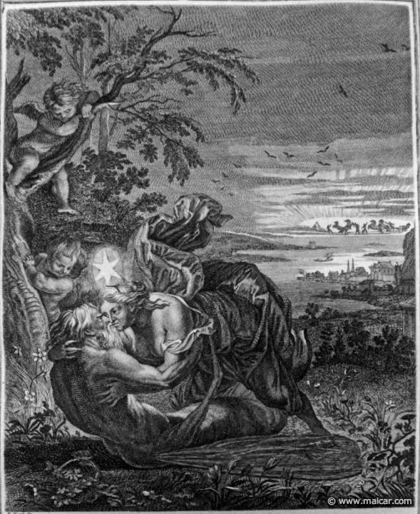 3002detail.jpg - 3002 (detail): Tithon, mari de l’Aurore, changé en cigale. Bernard Picart (1673-1733), Fabeln der Alten (Musen-Tempel), 1754.