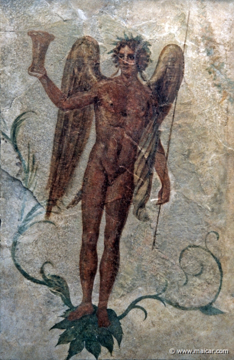 8226.jpg - 8226: Corner panel from curved ceiling of the tomb of the Nasonii, near Rome; Cupid holding a goblet and staff. Roman 2nd century. British Museum, London.
