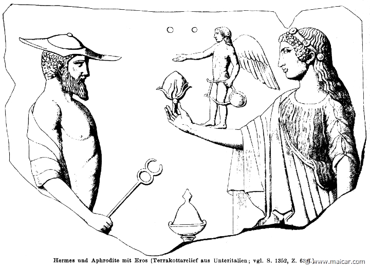 RI.1-1351.jpg - RI.1-1351: Hermes and Aphrodite with Eros. Terracotta relief.Wilhelm Heinrich Roscher (Göttingen, 1845- Dresden, 1923), Ausfürliches Lexikon der griechisches und römisches Mythologie, 1884.