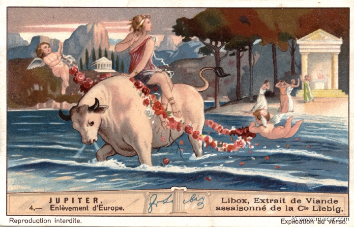 liebjup04.jpg - liebjup04: Zeus the bull carries Europa away. The landscape is Phoenicia, and the girl is ferried thence to Crete. Liebig sets.