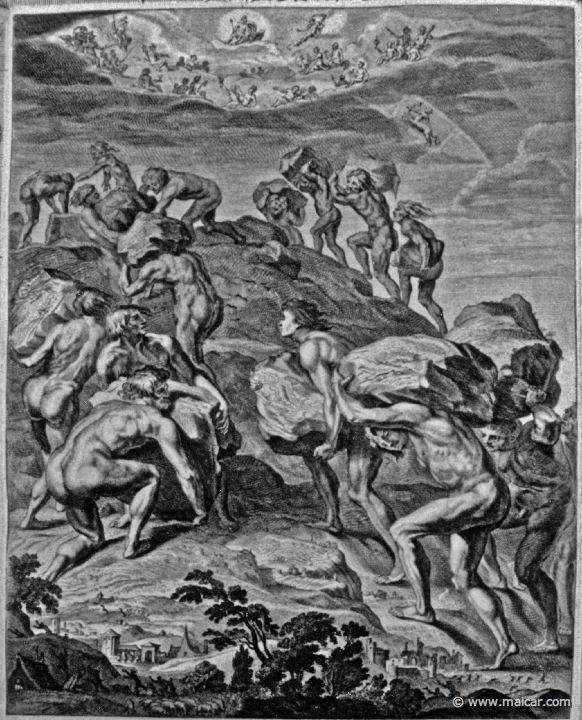 3001detail.jpg - 3001 (detail): Les géants ou les Titans entament les montagnes pour escalader le ciel. Bernard Picart (1673-1733), Fabeln der Alten (Musen-Tempel), 1754.