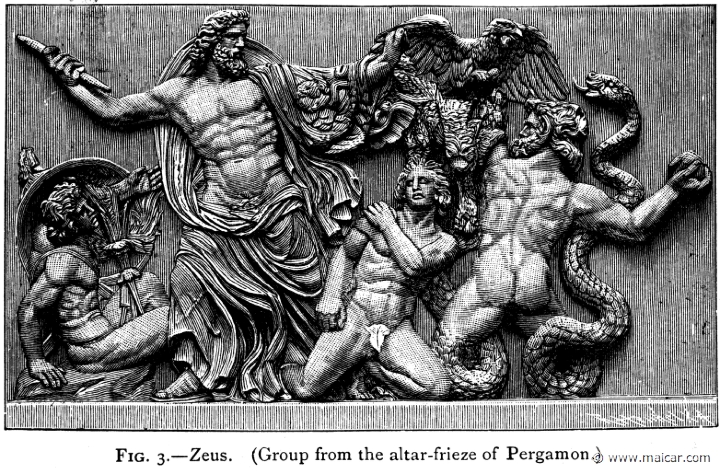 mur003.jpg - mur003: Zeus fighting the Giants. Altar of Zeus, Pergamon, ca. 180 BC. Alexander S. Murray, Manual of Mythology (1898).