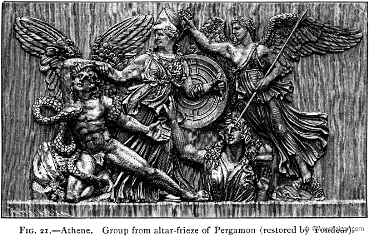 mur021.jpg - mur021: Athena, Gaia, Nike and the Giant Alcyoneus. Altar of Zeus, Pergamon. East frieze, ca. 180 BC. Pergamon Museum, Berlin. Restored by Tondeur..Alexander S. Murray, Manual of Mythology (1898).