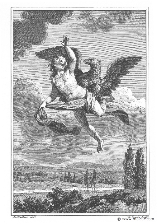 villenave02057.jpg - villenave02057: Ganymedes. "He cleft the air on his lying wings and stole away the Trojan boy." (Ov. Met. 10.157). Guillaume T. de Villenave, Les Métamorphoses d'Ovide (Paris, Didot 1806–07). Engravings after originals by Jean-Jacques François Le Barbier (1739–1826), Nicolas André Monsiau (1754–1837), and Jean-Michel Moreau (1741–1814).