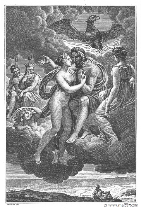 villenave02215.jpg - villenave02215: Aphrodite and Zeus. "Venus had approached the heavenly gods and, throwing her arms around her father's neck, had said ..." (Ov. Met. 14.585). Guillaume T. de Villenave, Les Métamorphoses d'Ovide (Paris, Didot 1806–07). Engravings after originals by Jean-Jacques François Le Barbier (1739–1826), Nicolas André Monsiau (1754–1837), and Jean-Michel Moreau (1741–1814).