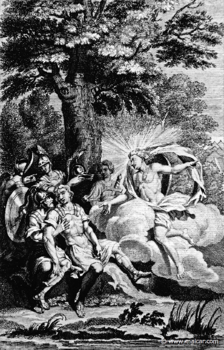 8602.jpg - 8602: Jupiter awaking, and finding Hector had been dangerously wounded while he was asleep is greatly incensed at Juno’s deceit and sends Apollo to revive the spirits of Hector and the Trojans. Bernard Picart (1673-1733), Fabeln der Alten (Musen-Tempel), 1754.