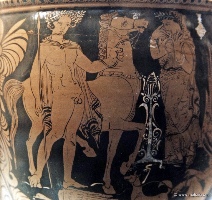 8212.jpg - 8212: Red-figured situla (bucklet) with Paris come to abduct Helen, as Aphrodite and Eros watch. Campania c. 350-340 BC. British Museum, London.