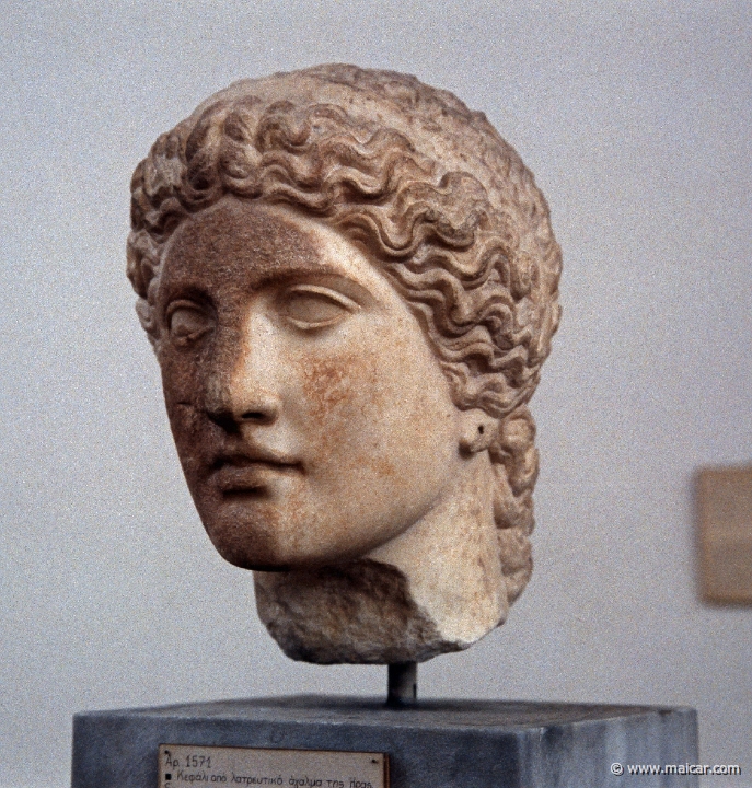 6306.jpg - 6306: Head of Hera from a cult statue. Work of an Argive workshop of the school of Polykleitos with Pheidian influence. Ca. 420 BC. Found at Argive Heraion. National Archaeological Museum, Athens.