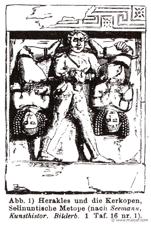 RII.1-1167.jpg - RII.1-1167: Heracles and the malefactors known as Cercopes. Wilhelm Heinrich Roscher (Göttingen, 1845- Dresden, 1923), Ausfürliches Lexikon der griechisches und römisches Mythologie, 1884.