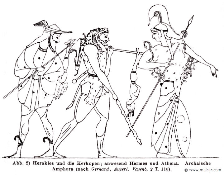 RII.1-1167b.jpg - RII.1-1167b: Heracles (between Hermes and Athena) carrying the Cercopes. Wilhelm Heinrich Roscher (Göttingen, 1845- Dresden, 1923), Ausfürliches Lexikon der griechisches und römisches Mythologie, 1884.