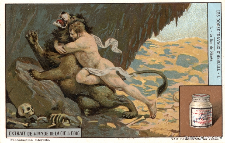 liebher1.1.jpg - liebher1.1: This was Heracles' first labour. He shot the Nemean Lion with an arrow, but having perceived that the animal was invulnerable, he broke its neck with his bare hands. Liebig sets.