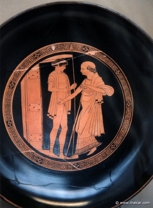 8235.jpg - 8235: Priam (right); the other perhaps Achilles’ attendant or Hermes. Red-figured cup. Athens c. 480 BC. British Museum, London.