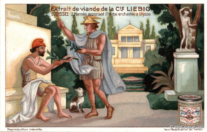 liebod02.jpg - liebod02: When approaching Circe's palace, Odysseus met Hermes, who, in addition to certain instructions, gave him a plant that would rob Circe's drugs of their power. Liebig sets.