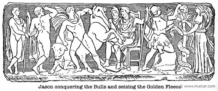 gay246.jpg - gay246: Jason conquering the Bulls amd later (right) seizing the Golden Fleece (helped by Medea). Aeetes is sitting on the throne. Charles Mills Gayley, The Classic Myths in English Literature (1893).