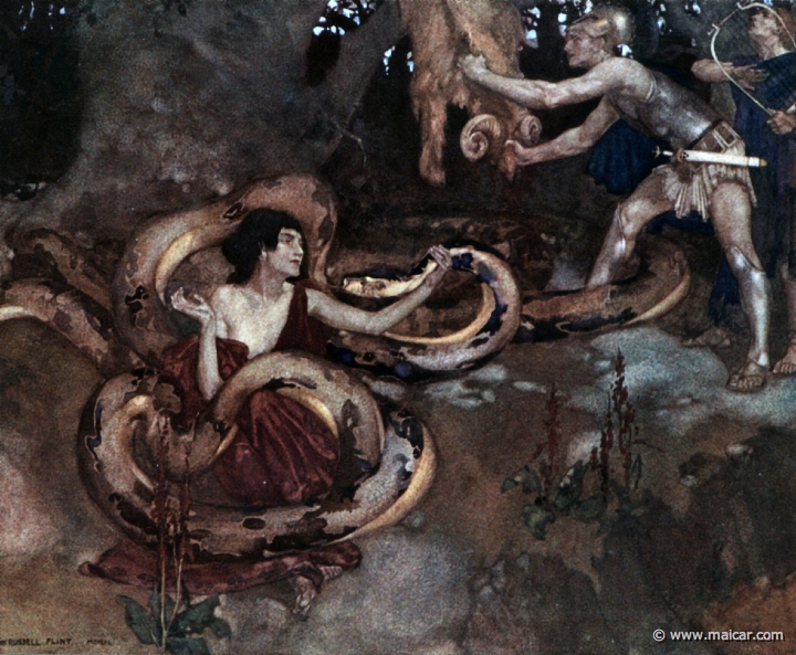 king109.jpg - king109: While Medea puts the Dragon to sleep, Jason , followed by Orpheus , takes the Golden Fleece. Painting by William Russell Flint (1880-1969). Charles Kingsley, Grekiska Hjältesagor (1924, Swedish Edition of The Heroes). Paintings (watercolors) from 1911.