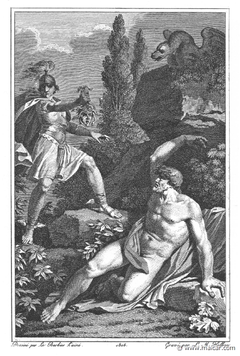 villenave01145.jpg - 01145: Perseus and Atlas. "... and, himself turning his back, he held out from his left hand the ghastly Medusa-head." (Ov. Met. 4.655).Guillaume T. de Villenave, Les Métamorphoses  d'Ovide (Paris, Didot 1806–07). Engravings after originals by Jean-Jacques François Le Barbier (1739–1826), Nicolas André Monsiau (1754–1837), and Jean-Michel Moreau (1741–1814).